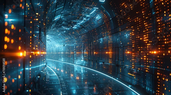 Fototapeta Sci-Fi Tunnel with Digital Earth Projection