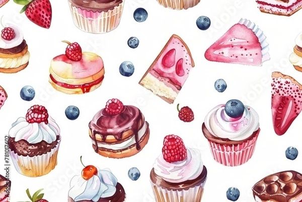 Fototapeta A seamless watercolor pattern featuring Desserts designs on a white background.	