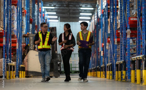 Fototapeta A group of warehouse employees, Inspecting products on warehouse shelves before they are sent to retailer
