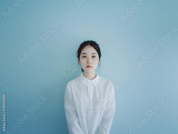 Fototapeta .清純な眼差し、青い背景に浮かぶアジア人女性.