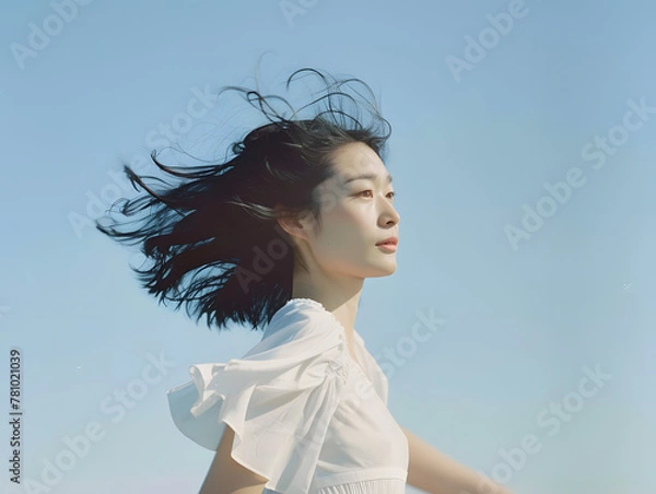 Obraz 青空と風に舞う、穏やかな表情のアジア人女性
