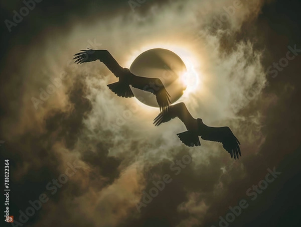 Fototapeta Solar eclipse photography with eagles flying around in epic composition 