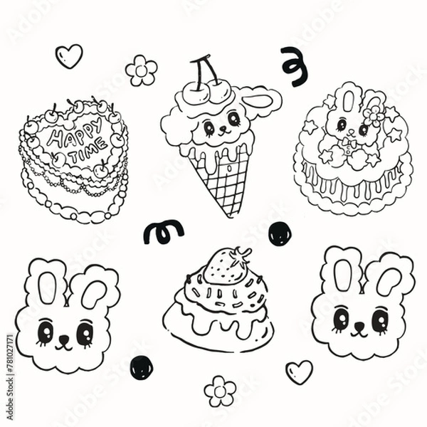 Fototapeta cute little rabbit set of hand drawn illustrations