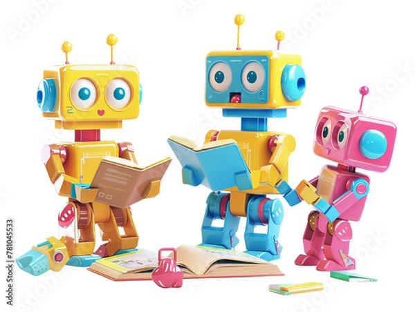 Fototapeta Three robots are sitting around a book, with one of them reading the book