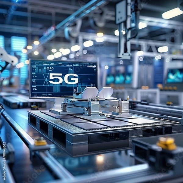 Fototapeta An industrial factory with advanced 5G connection technology, showcasing how highspeed wifi internet enhances manufacturing efficiency