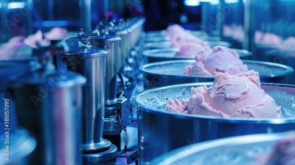 Fototapeta A line of ice cream cones on a conveyor belt. Perfect for food industry concepts