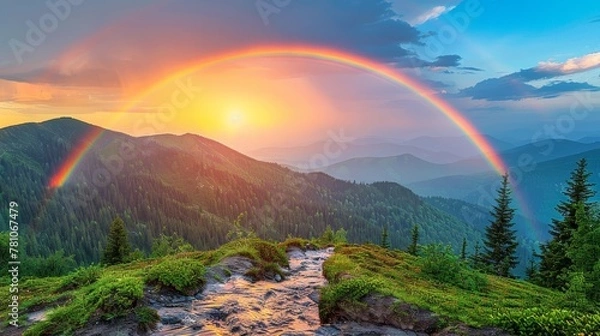 Fototapeta   A rainbow arcs over a mountain, with a stream winding through the foreground, and a forest stretching out in the backdrop