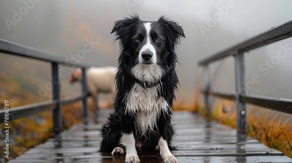 Fototapeta   A black-and-white dog sits on a rain-soaked bridge against a background of grazing sheep