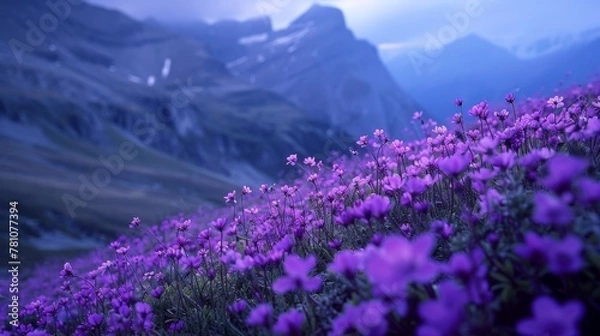 Fototapeta Purple flowers in front of mountain range under cloudy sky