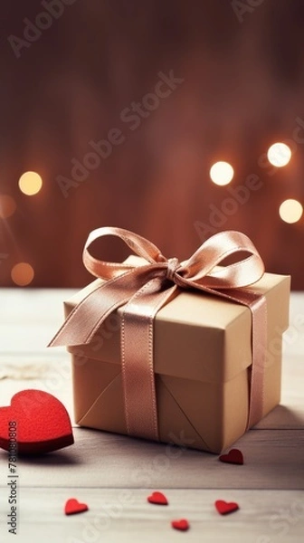 Obraz A brown box with a gold ribbon and a red heart on top of it