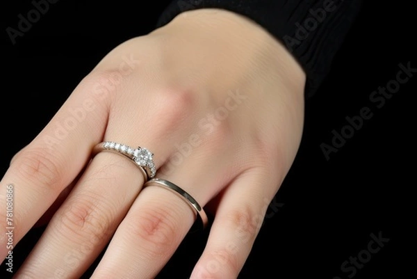 Obraz A woman's hand is holding a ring with a diamond on it