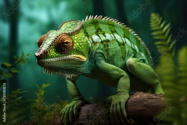 Obraz A green lizard is sitting on a log in a forest
