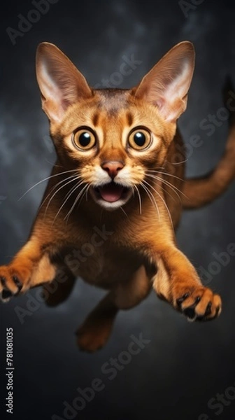 Obraz A cat is jumping in the air with its mouth open