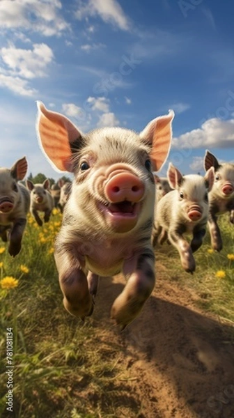 Obraz A group of pigs are running through a field