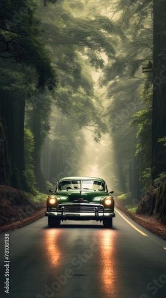 Obraz A green car is driving down a road in a forest