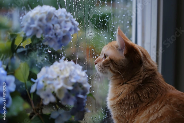 Fototapeta cat on the window in a rainy day generated by AI