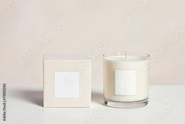 Fototapeta A blank white label on the front of an elegant glass candle jar and next to it is its packaging box, objects set against a neutral background for branding presentation.