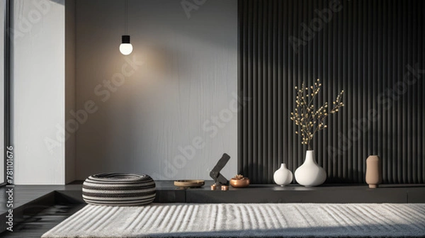 Fototapeta A living room area with wall panels and natural light from a window. Interior design composition