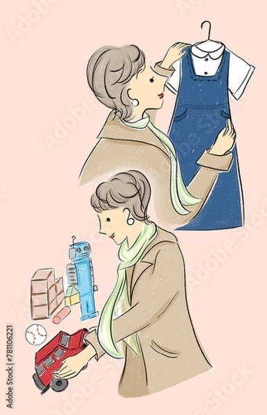 Obraz ショッピングするおしゃれなお母さんのイラスト_母の日 アトリエマユコ