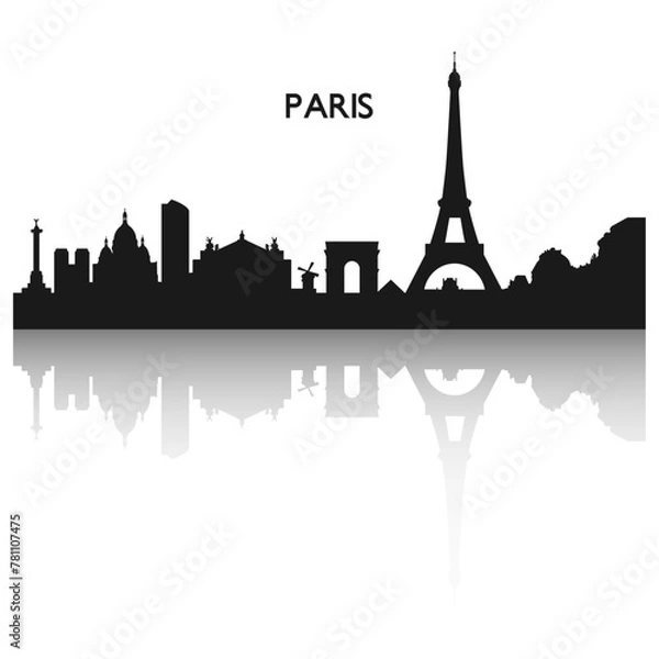 Obraz Paris city skyline in black. Vector silhouette of famous places with reflection