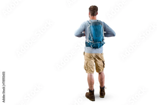 Fototapeta Rear View of a Hiker with a Backpack Isolated from Background