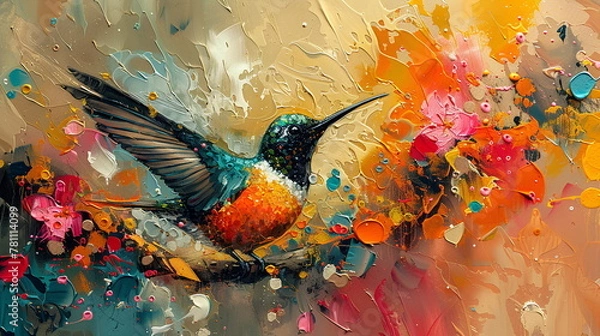 Fototapeta oil painting of a bird, hummingbird flying in the air, the backdrop of abstract paint stains, oil paint