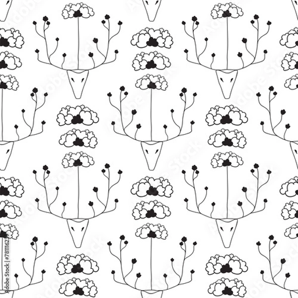 Fototapeta Vector white seamless pattern background: The Small Flower Deer.