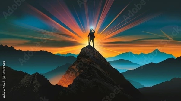 Fototapeta Silhouette of business male stand and feel happy on the most hight at the mountain on sunset, success, leader, teamwork, target, Aim, confident, achievement, goal, on plan, finish, generate by AI
