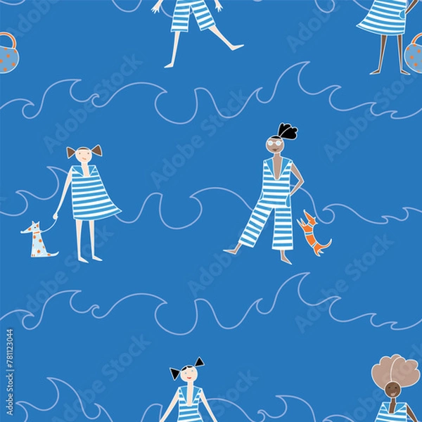 Fototapeta Vector dark blue seamless pattern background: Waiting For Waves.