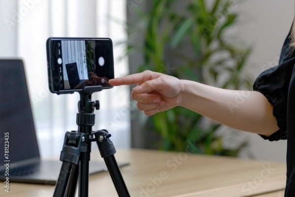 Obraz A woman's hand is pointing at the phone on top of an tripod