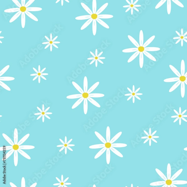 Fototapeta Seamless pattern with different sized buds of summer flowers. Chamomiles on a blue background
