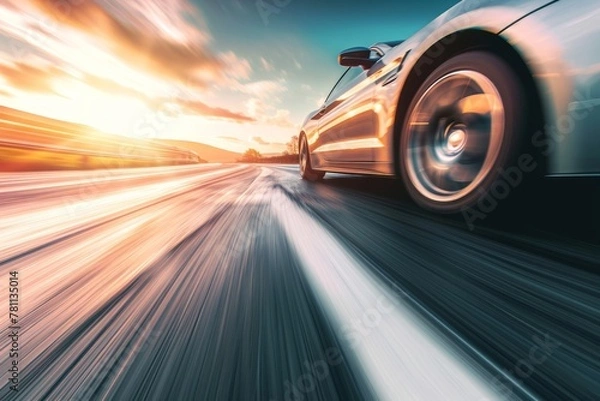 Fototapeta A car is captured driving down a highway as the sun sets in the background, A sport car racing at high speed on a deserted highway, AI Generated