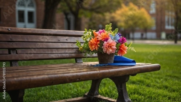 Fototapeta Colorful Potted Flowers Adorn a Bench in a Serene Garden Setting