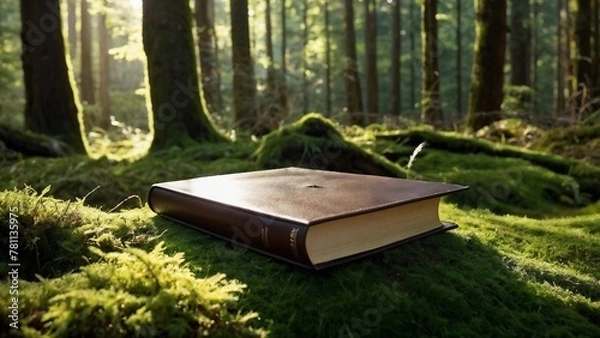Fototapeta Classic Book Rests on Bed of Moss in Lush Forest Clearing