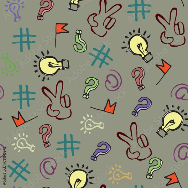 Obraz Vector doodle pattern of text and computer symbols, seamless, with signs, drawings of a light bulb,hand, hashtag,flags,question mark. Hand-drawn illustrations. Print for youth textiles, diaries,paper