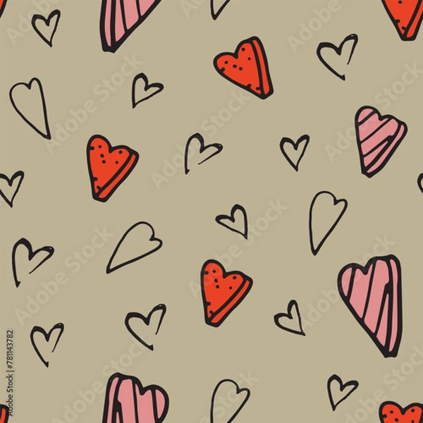 Obraz vector doodle pattern with hearts,funny black and red handwritten illustrations, seamless texture.Print for textiles, paper, holiday tableware, wallpaper for notepads, stationery,Valentine's Day cards