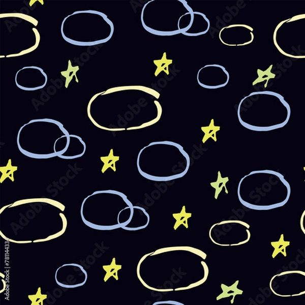 Obraz Vector pattern of colorful clouds, stars. Seamless texture of the evening sky, vector doodle illustration. Print for fabric, wallpaper for walls, diary covers, notepads, texture children's background
