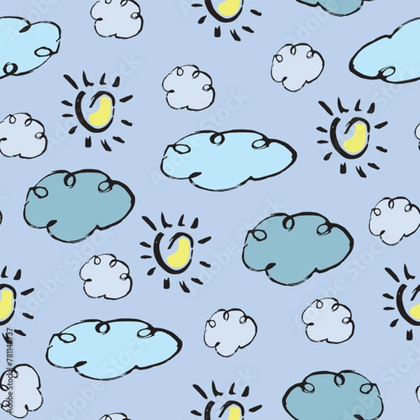 Obraz Summer pattern sun and clouds, vector illustration, cheerful doodle seamless texture, bright childish blue and yellow colors, handwritten elements. Suitable for printing on fabric, paper, dishes.