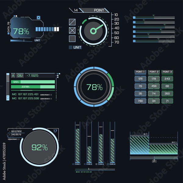 Fototapeta Futuristic hud dashboard display virtual reality technology screen. 
Big collection HUD, GUI elements for VR, UI design. Futuristic User Interface set. 
Statistics, infographic 