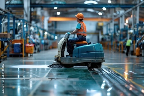 Fototapeta Worker driving a floor cleaning machine in an industrial factory with bright floor lines