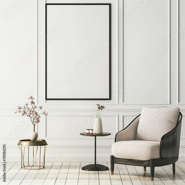 Fototapeta Large black frame with a blank white poster on a white wall near a chair
