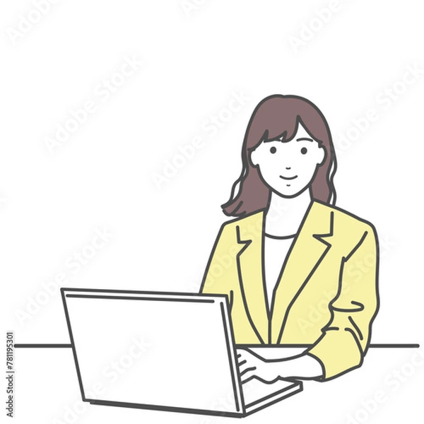Obraz パソコンを使う笑顔のスーツ姿の女性のイラスト　ベクター素材　白バック、白背景、背景なし、透明