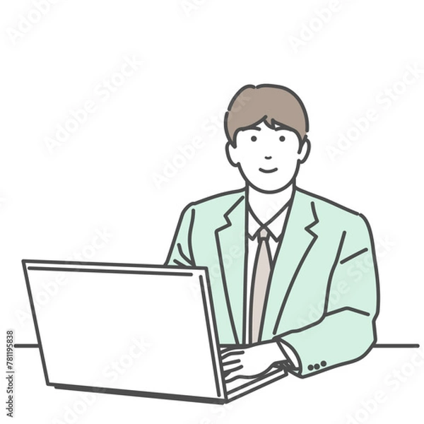 Obraz ノートパソコンを操作する笑顔のビジネスマンのイラスト　スーツ　白バック、背景なし、正方形のベクター素材
