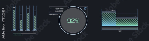 Fototapeta Futuristic hud dashboard display virtual reality technology screen. 
Big collection HUD. Futuristic User Interface set. 
Statistics, infographic 