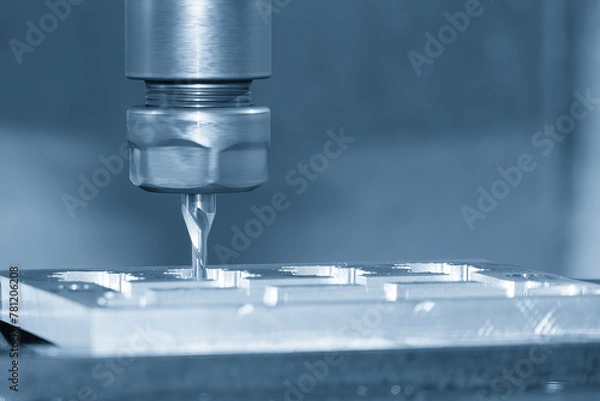 Fototapeta The CNC milling machine cutting  aluminum part by solid flat end mill tool.