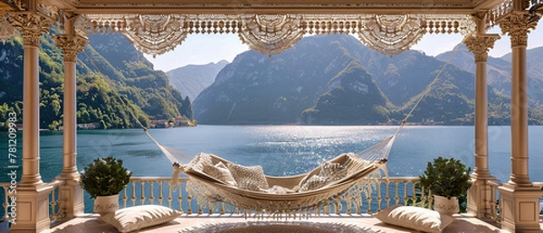 Fototapeta Italian Lakeside Elegance, A Serene Summer View from a Terrace Overlooking Lake Comos Peaceful Waters