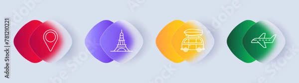 Fototapeta Travel set icon. Geolocation, location, marker, Eiffel Tower, flight, plane, attraction, loaf, car, motorhome, gradient, hobby, rest. Tourism and wandering concept. Glassmorphism style.