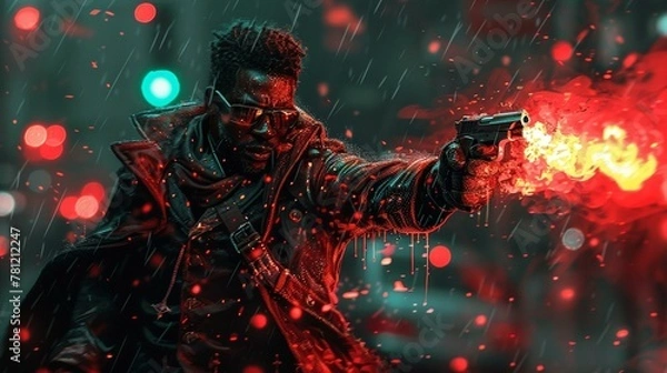 Fototapeta A dark red skinned shadowrun character in the rain shooting at an enemy, with fire coming out of his hands and mouth in the style of a video game art style