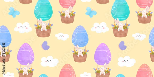 Obraz Easter bunnies Seamless pattern on an egg balloon, watercolor style, Easter packaging, spring pattern with flowers and rabbits, Easter eggs seamless pattern, flowers and clouds, butterflies, 
