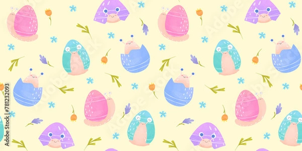 Fototapeta Easter eggs Seamless pattern, easter snails pattern, watercolor style, spring pattern with flowers and snails, Easter packaging, Cornflowers, spring print for textiles, mint, yellow background